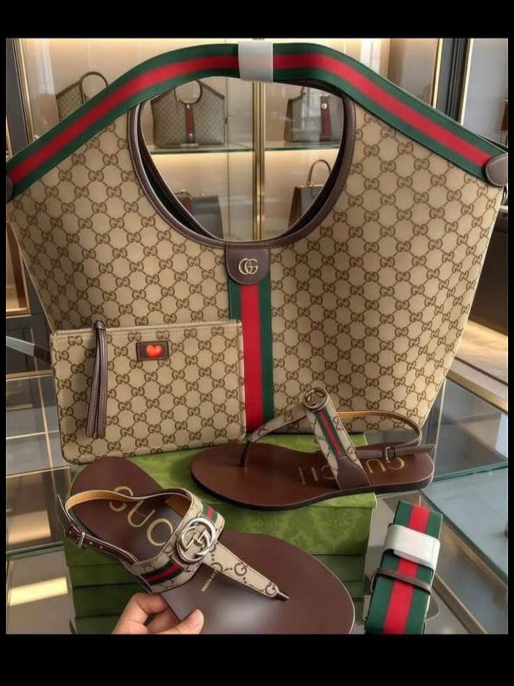 Designer Beige Monogram Tote with Green and Red Stripe